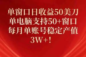 （10144期）单窗口日收益50美刀，单电脑支持50+窗口，每月单账号稳定产值3W+！